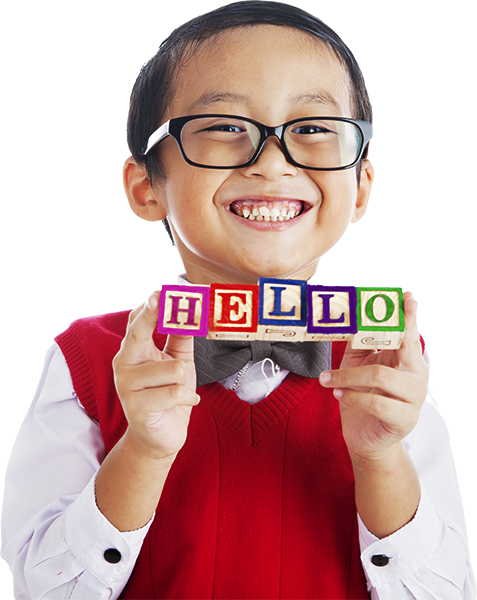 Smiling boy holding hello blocks